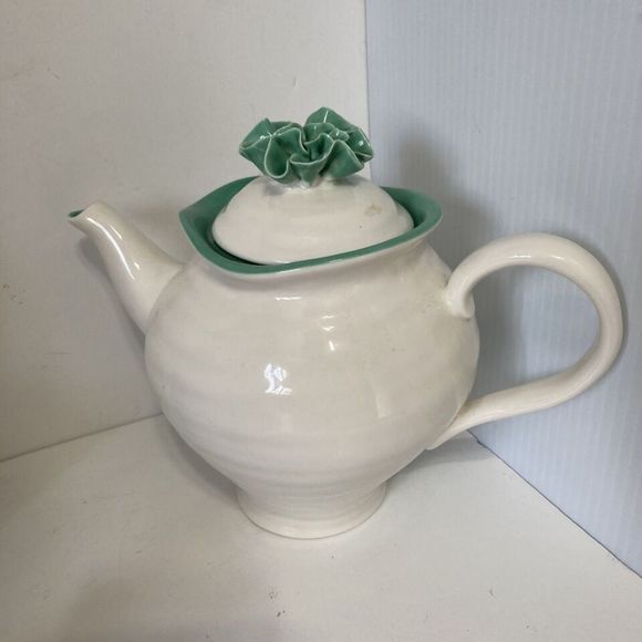 Graces Teaware Fine China White Teapot with Lid Teal Accents Trim 24 oz - Picture 6 of 13